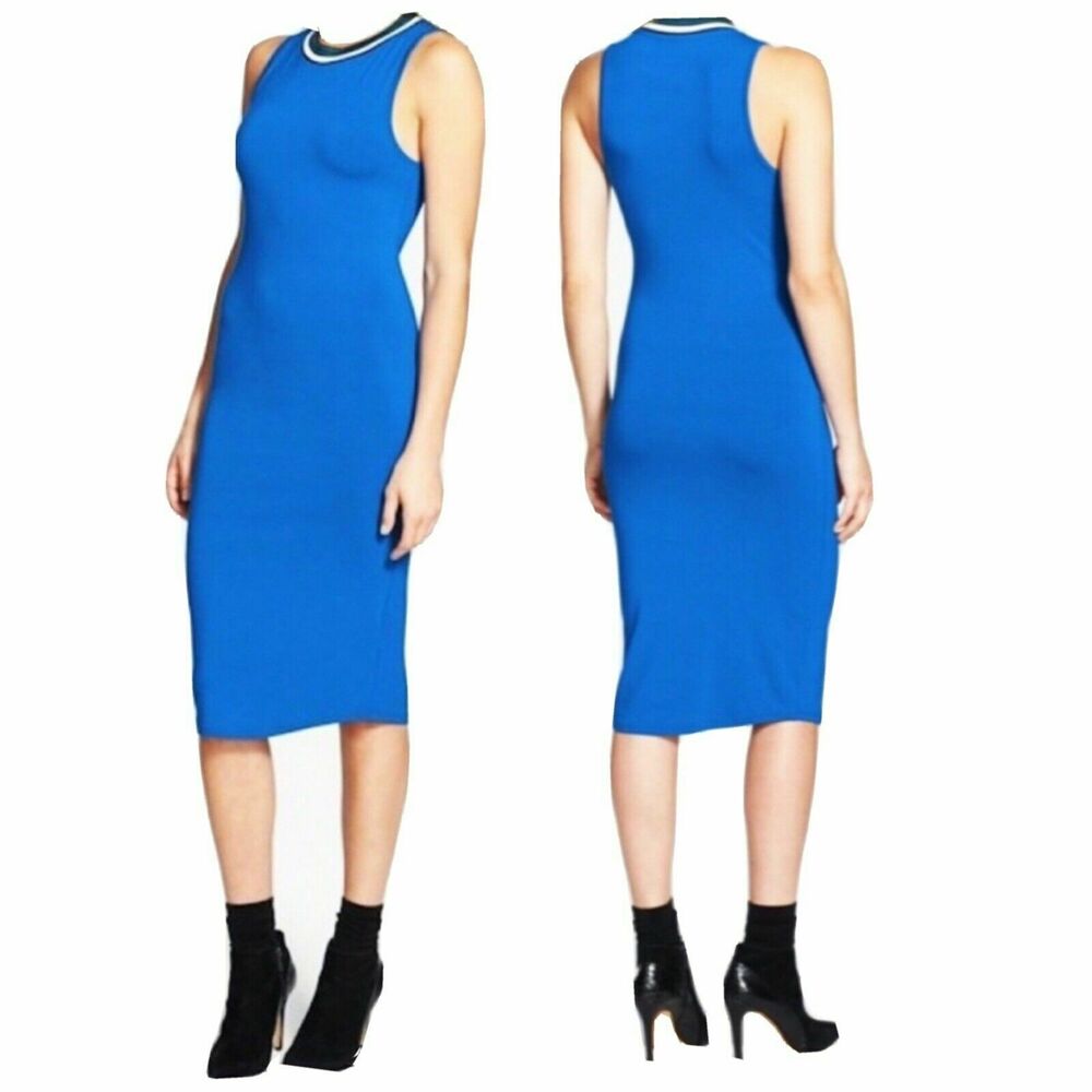 Topshop Size 2 US Blue Sleeveless Bodycon Midi Dress Viscose Stretch Ringer